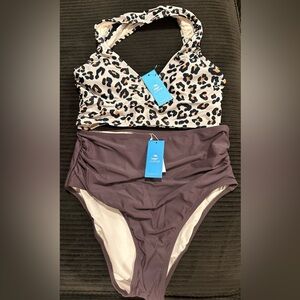 CUPSHE Classic Leopard Print Cross Back Midkini & High Waist Set - large